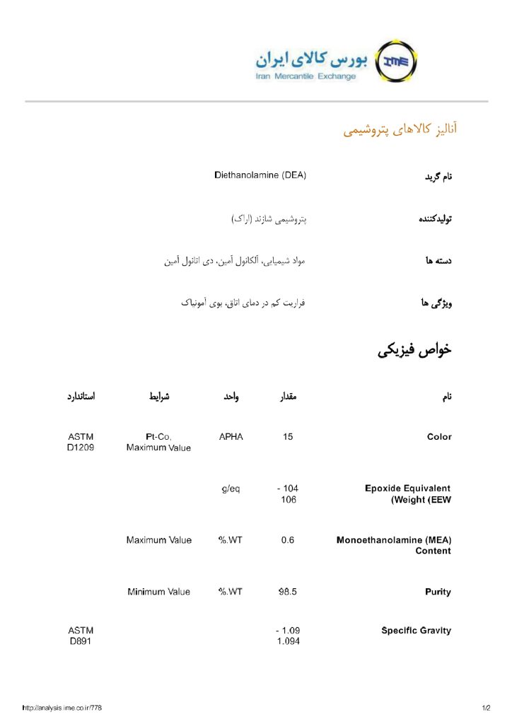 برگه آنالیز دی اتانول آمین